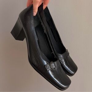 Elegant Black Leather Croc Embossed Heels with Buckle